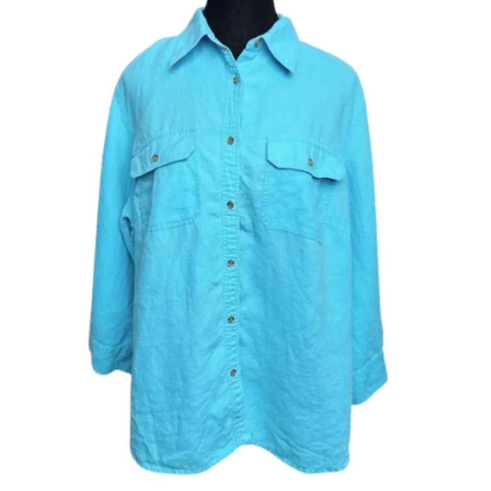 Lauren Ralph Lauren Womens 1X Linen Turquoise Button Shirt